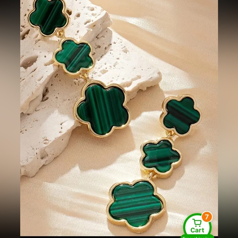 GREEN FLOWER DESIGN LONG DANGLE EARRINGS RETRO BOHEMIAN STYLE JEWELRY - Picture 4 of 5